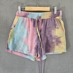 White Birch Womens Sweatpant Shorts Rainbow Tye Dye Small Drawstring Pullup
